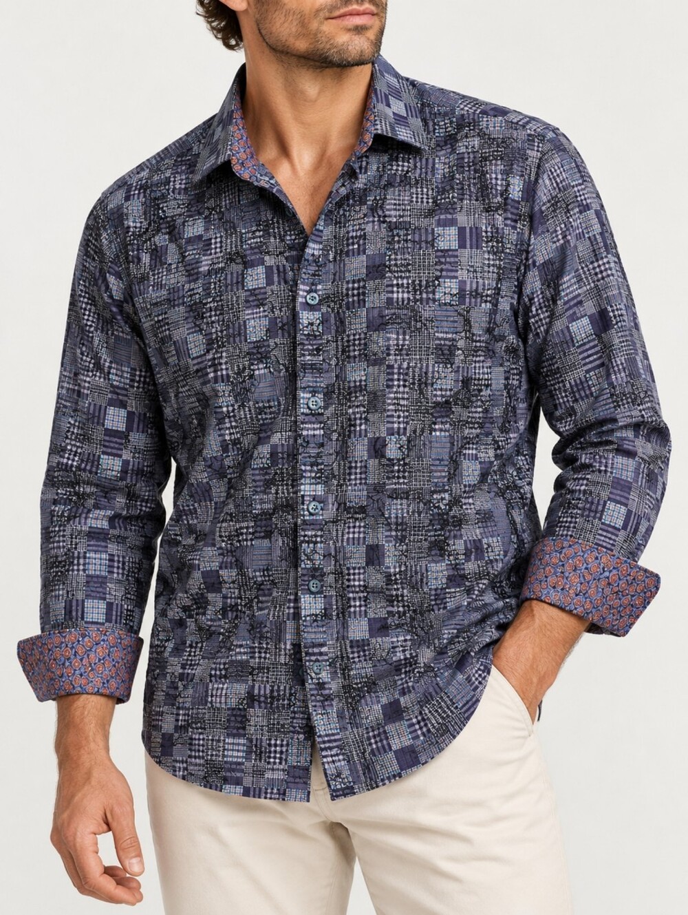 Robert Graham Harrisville Men's XL Patchwork Plaid Embroidered Paisley Shirt